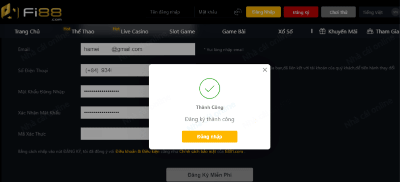 hoàn tất đăng ký fi88 và nạp tiền chơi cá độ