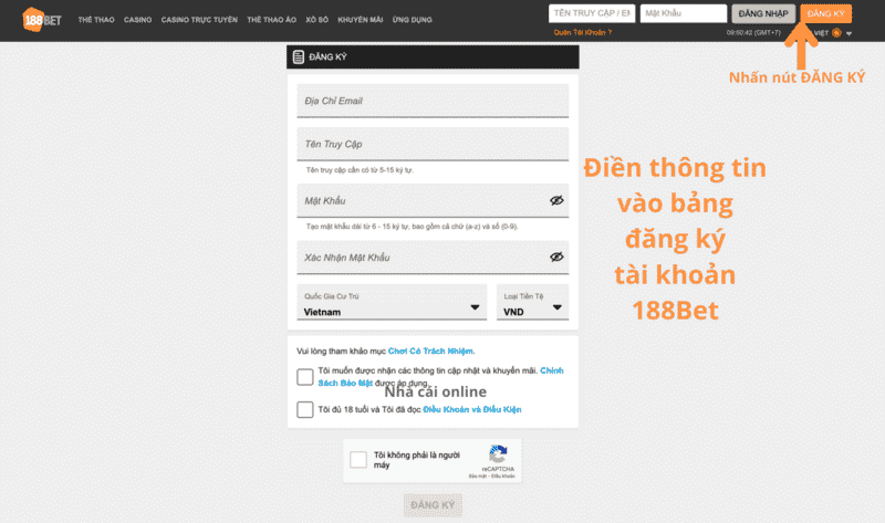 bước 2: điền thông tin vào bảng đăng ký tài khoản 188bet