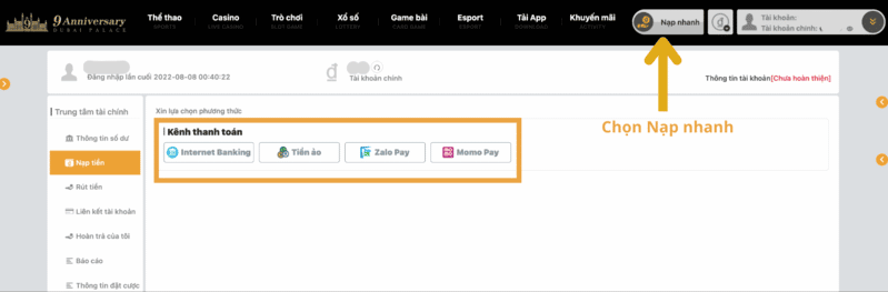 hướng dẫn 3 phương thức nạp tiền dubai palace